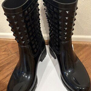 Valentino Garavani Black Studded Rain Boots Mid Calf